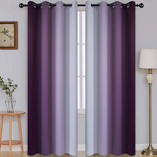 SimpleHome Ombre Purple to Grey White Curtains for Living Room 52Wx84L | Room Darkening Curtains for Bedroom,Gradient Light Blocking Curtain,Thermal Insulated Grommet Window Drapes,2 Panels,84 Inch