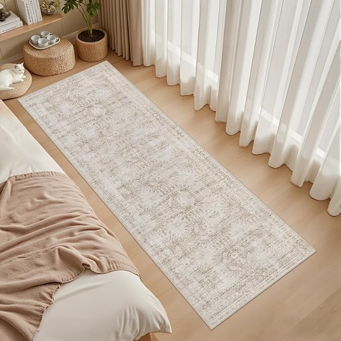 2'6''x8' Hallway Washable Runner Rug: Neutral Kitchen Carpet Brown | Vintage Boho Soft Small Indoor Decor Floor Non-Slip Low Pile Neutral Farmhouse Entryway Laundry Bathroom Bedroom Beside Rugs