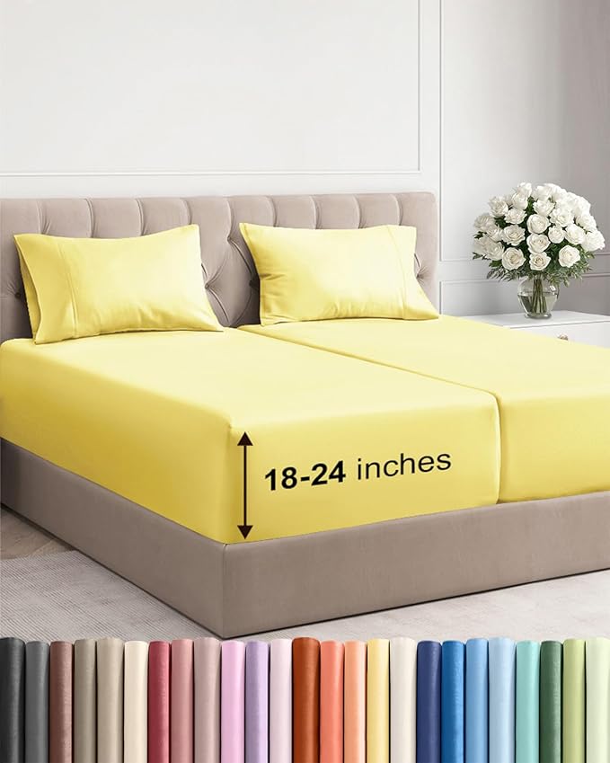 Extra Deep Split King Sheet Set - 5 Piece Soft & Cooling Sheets - Yellow | Easily Fits 18 to 24 inch Mattress - Ultra Soft, Wrinkle & Fade Free with Extra Deep Pockets - Comfy Hotel Luxury Bedding