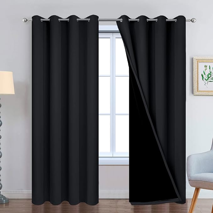 Yakamok Black 100% Blackout Curtains 96 Inches Long for Bedroom 52" Wide | Blackout Curtain Panels for Bedroom, 2 Thick Layers Grommet Top Thermal Insulated Drapes with Black Liner for Living Room