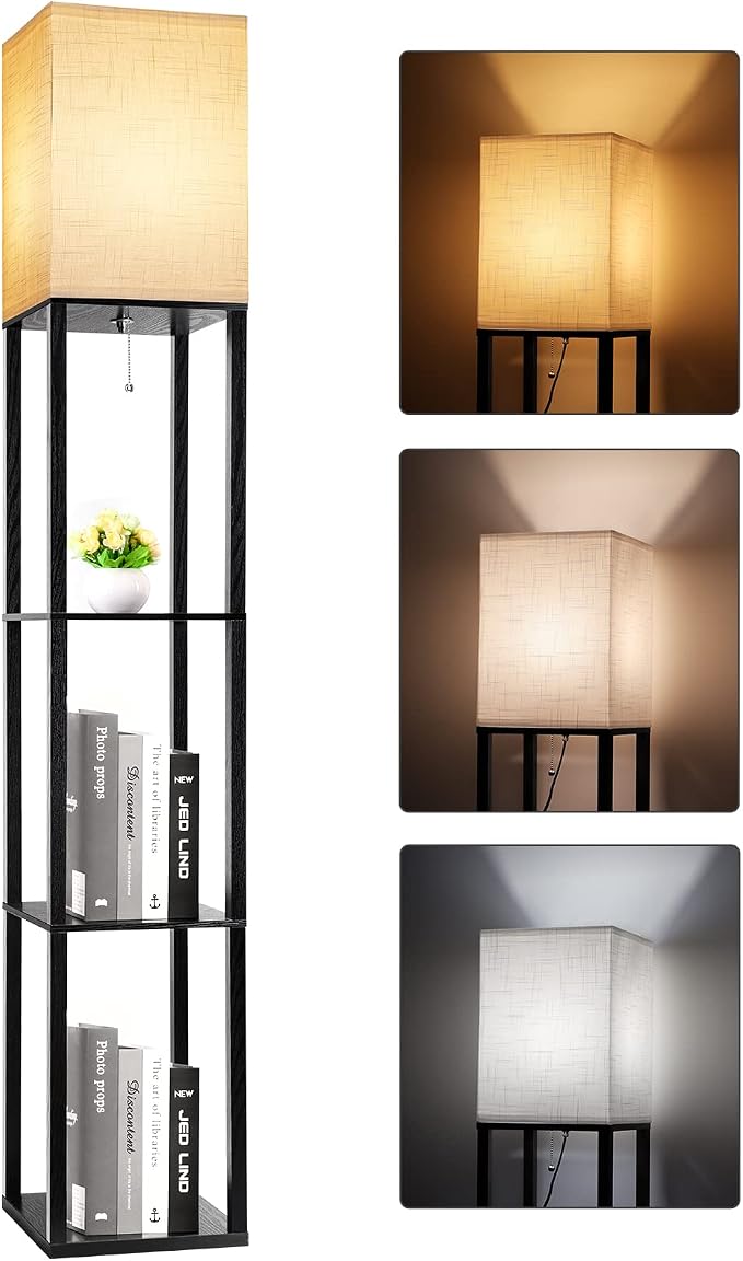RUNTOP Floor Lamp with Shelves, Shelf Lamp with 3 Color Temperature LED Bulb,Floor-Lamp for Living Room, Modern Tall Standing Display Shelf Floor Lamps for Bedroom, Office (Black)