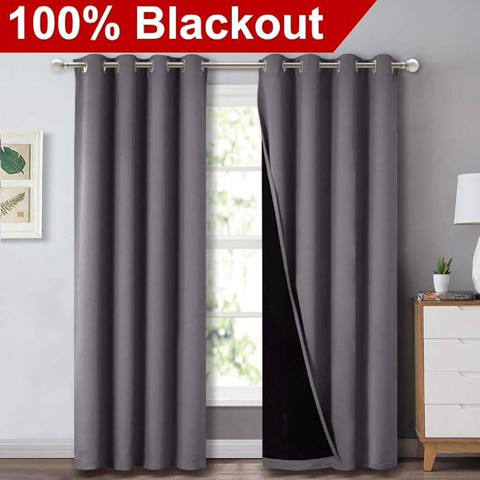 NICETOWN Grey Full Shade Curtain Panels for Dining Room 52x84 in 2 Panels | Thermal Insulated Energy Smart Noise Blocking Out Blackout Drapes, Lined for Privacy, Energy Efficient for Guest Room Office