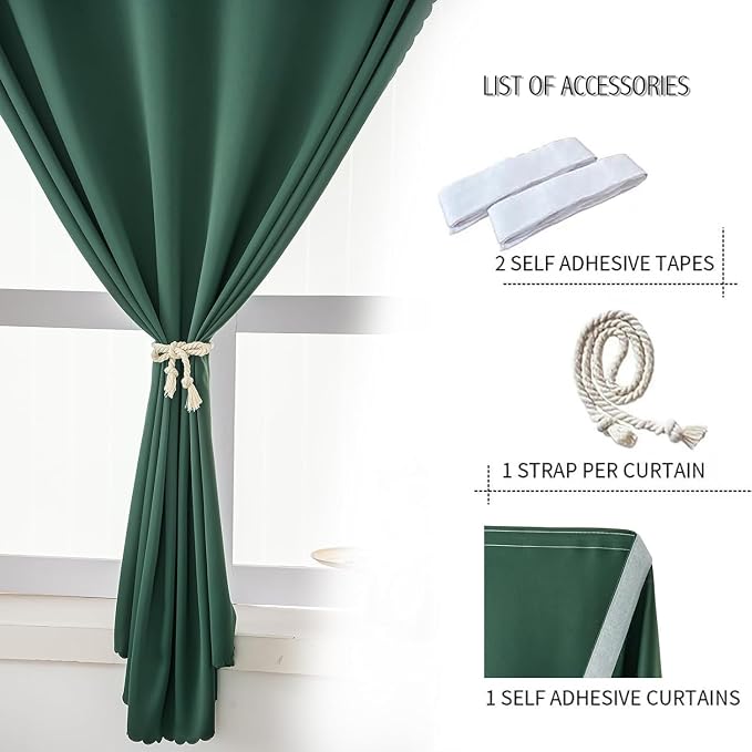 Thermal Blackout Curtains with Self-Adhesive Tape, No Rod No Drill Easy Install Window Cover for Bedroom Kitchen Dorm, 71" W x 59" L, Dark Green, 1 Panel