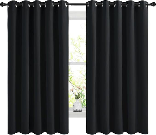 NICETOWN Black Blackout Curtains for Bedroom 66" Wide x 60" Long 2 Panels | 3 Pass Microfiber Solid Ring Top Drapes, Thermal Insulated Noise Reducing Light Blocking Room Darkening Window Decor