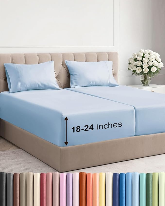 Extra Deep Split King Sheet Set - 5 Piece Soft & Cooling Sheets - Sky Blue | Easily Fits 18 to 24 inch Mattress - Ultra Soft, Wrinkle & Fade Free with Extra Deep Pockets - Comfy Hotel Luxury Bedding