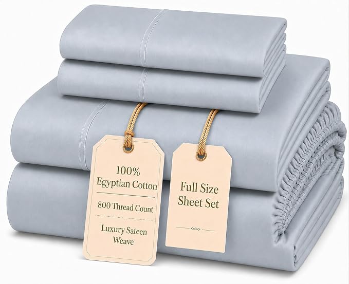 Egyptian Cotton Sheets Full Size Set 4 PC Full Sheets Set -French Blue | 800 Thread Count Luxury Sateen Weave elasticized Sheet & Pillowcase Sets, No Pilling, Breathable & Cooling, Fade Resistant