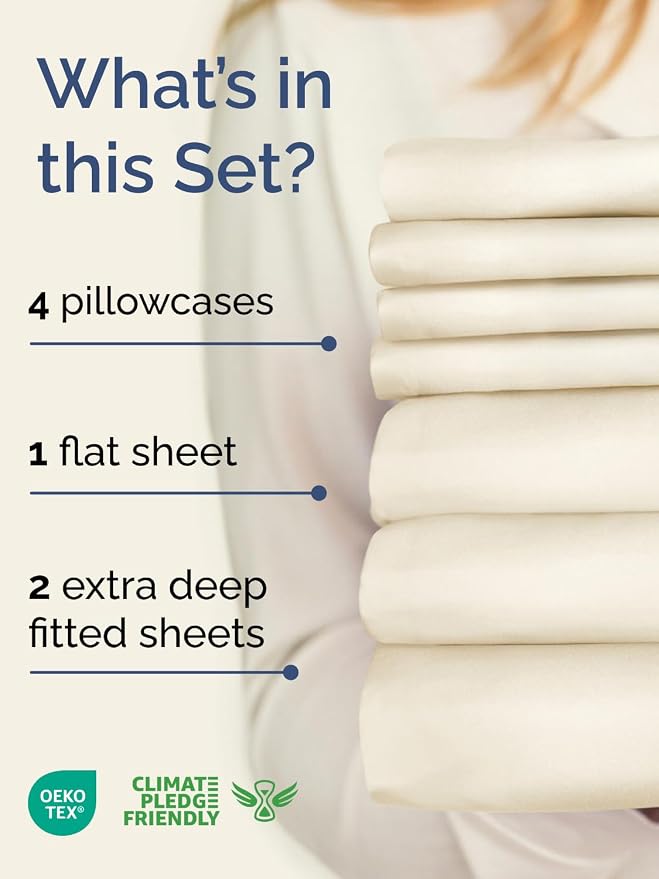 Extra Deep Split King Sheet Set - 7 Piece Breathable & Cooling - Off White | Hotel Luxury Bed Sheets Set, Easy & Secure Fit, Ultra-Soft, Wrinkle & Fade Free, Comfy Sheets Set with Extra Deep Pockets