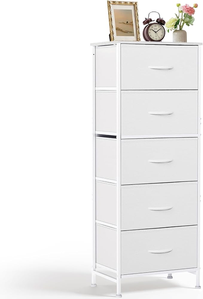5 Drawers Dresser for Bedroom Fabric Storage Tower with Wooden Top | Steel Frame Tall Chest of Drawers for Closet, Entryway, Dorm, White