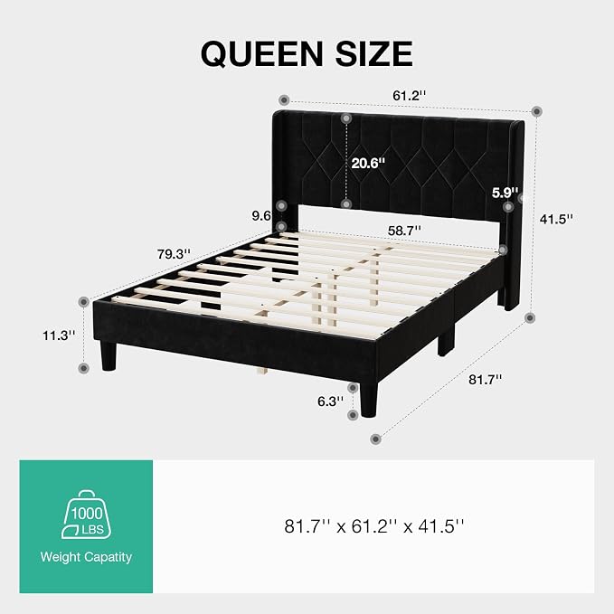 Novilla Queen Size Bed Frame, Queen Bed Frame with Headboard, Velvet Upholstered Pull-Point Wingback Headboard, No Box Spring Needed, Heavy Duty Feet, Easy Assembly, Black Velvet