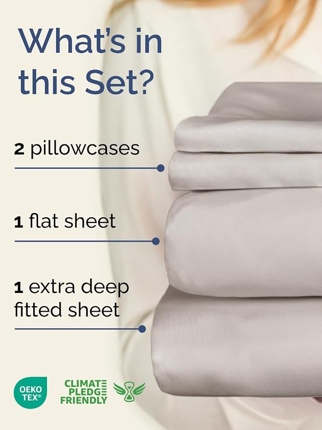 Extra Deep Twin Sheet Set - 4 Piece Breathable Cooling Sheets - Light Grey | Hotel Luxury Bed Sheets Set, Easy & Secure Fit, Ultra-Soft, Wrinkle & Fade Free, Comfy Sheets Set with Extra Deep Pockets