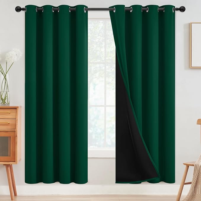 SimpleHome Dark Green 100% Blackout Curtains Room Darkening Living Room 72 | Curtains for Bedroom,Thermal Insulated Grommet Window Drapes,Curtains for Living Room with Black Back,52 x 72 Inch,2 Panels