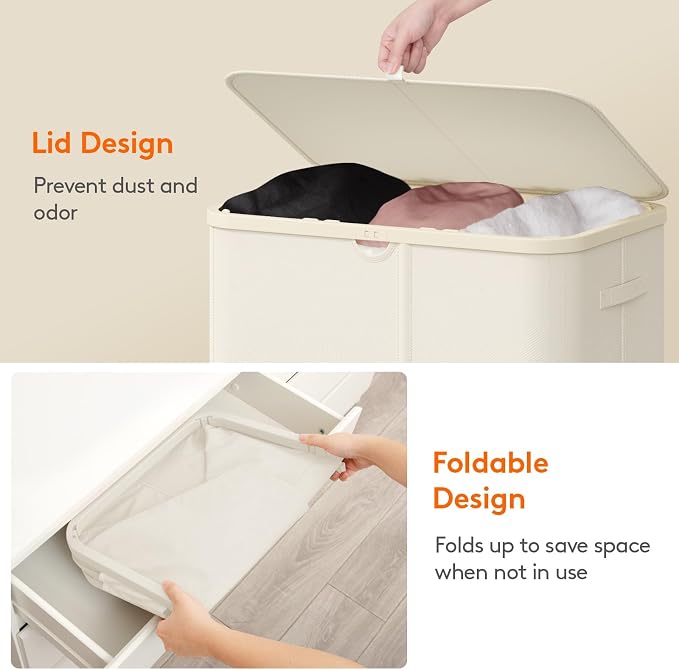 Lifewit 185L 3 Section Laundry Hamper with Lid, Laundry Basket, White | Large Foldable Laundry Sorter with 3 Removable Bags, Tall Clothes Hamper for Bedroom and Bathroom