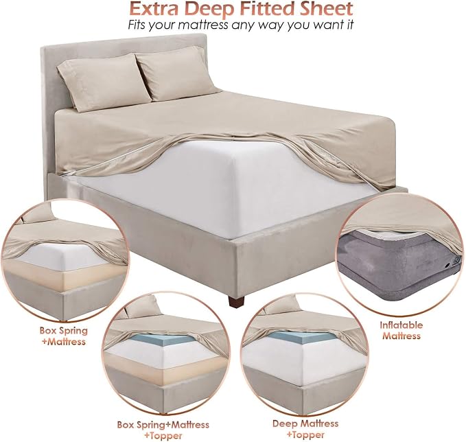 Hearth & Harbor Bed Sheets, Luxury Soft 6 Piece Bed Sheet Set Extra Deep Pocket Fitted Sheets Fits Mattress up to 21", Double Brushed Bedding Sheets & Pillowcases, Full, Natrual Linen