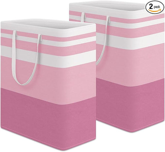 HomeHacks 2 Pack Large Laundry Baskets, Laundry Hampers Bags (Pink 125Lx2) | Waterproof, Freestanding, Collapsible Clothes Hamper with Reinforced Handles in Laundry Room, Dorm, Bathroom, Bedroom