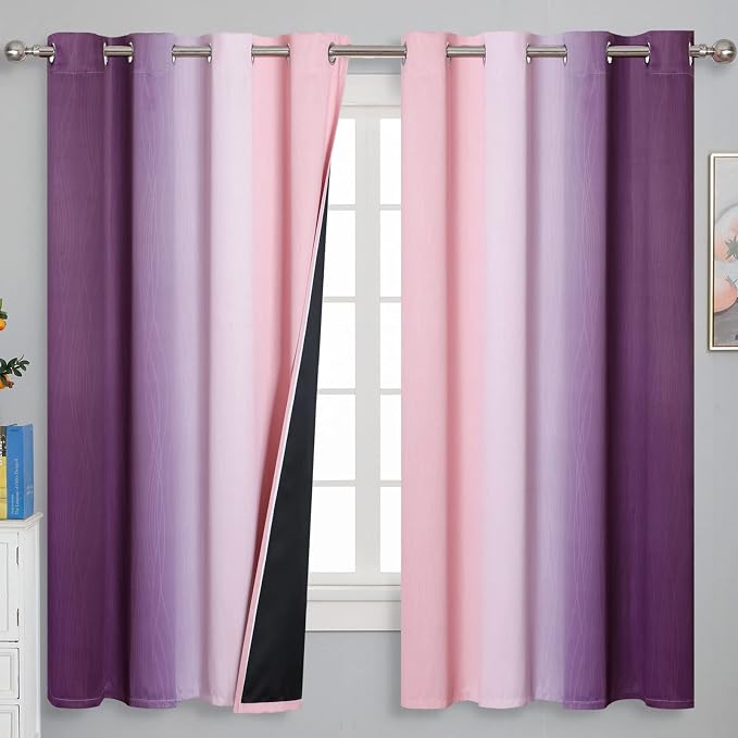 Pink and Purple Ombre Blackout Curtains for Girls Bedroom 63 Inches Long | Estelar Textiler Kids Living Room Curtains,Light Blocking,Thermal Insulated Noise Reducing Grommet Drapes,52Wx63L,2 Panels