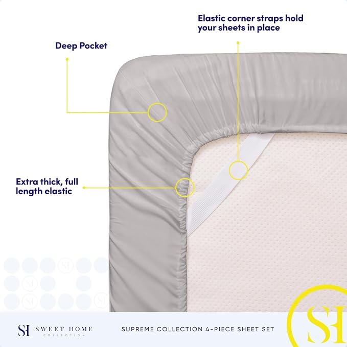 Split King Sheets - Breathable Luxury Sheets with Full Elastic & Secure Corner Straps Built In - 1800 Supreme Collection Extra Soft Deep Pocket Bedding Set, Sheet Set, Split King Size, Silver