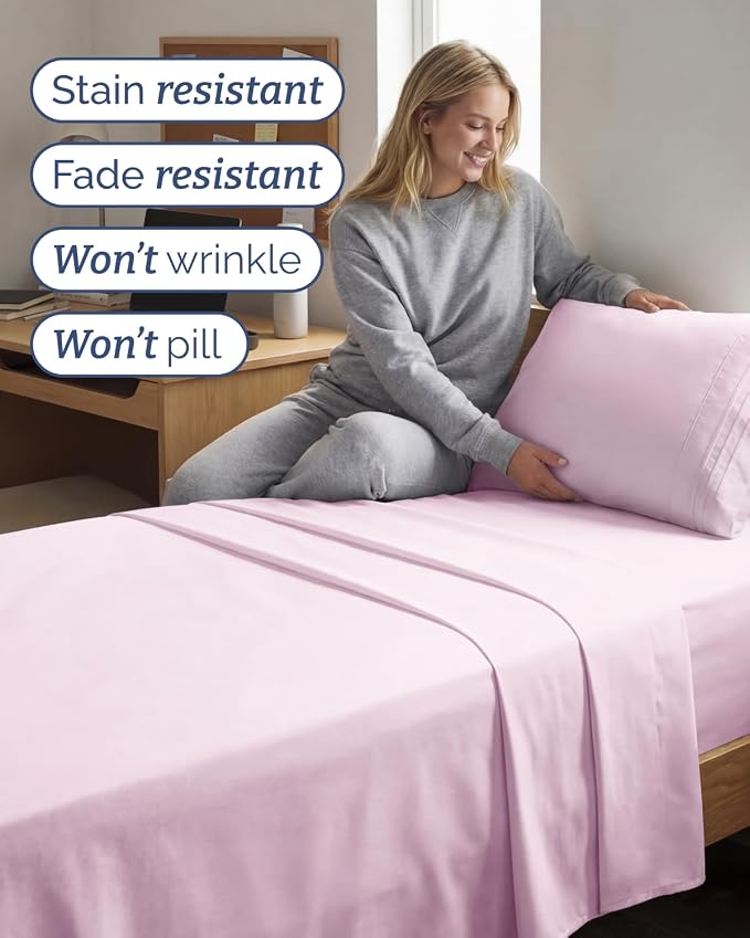 Twin XL 3 Piece Sheet Set - College Dorm Room Essentials - Light Pink | Deep Pocket Bed Sheets for Women, Men, Teens & Students, Soft, Cooling, Breathable & Wrinkle Free, Oeko-Tex Bed Sheet Set