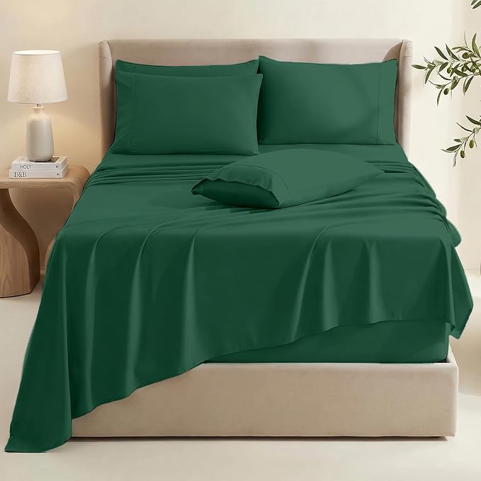Hearth & Harbor Bed Sheets, Luxury Soft 6 Piece Bed Sheet Set Extra Deep Pocket Fitted Sheets Fits Mattress up to 21", Double Brushed Bedding Sheets & Pillowcases, Twin, Dark Green