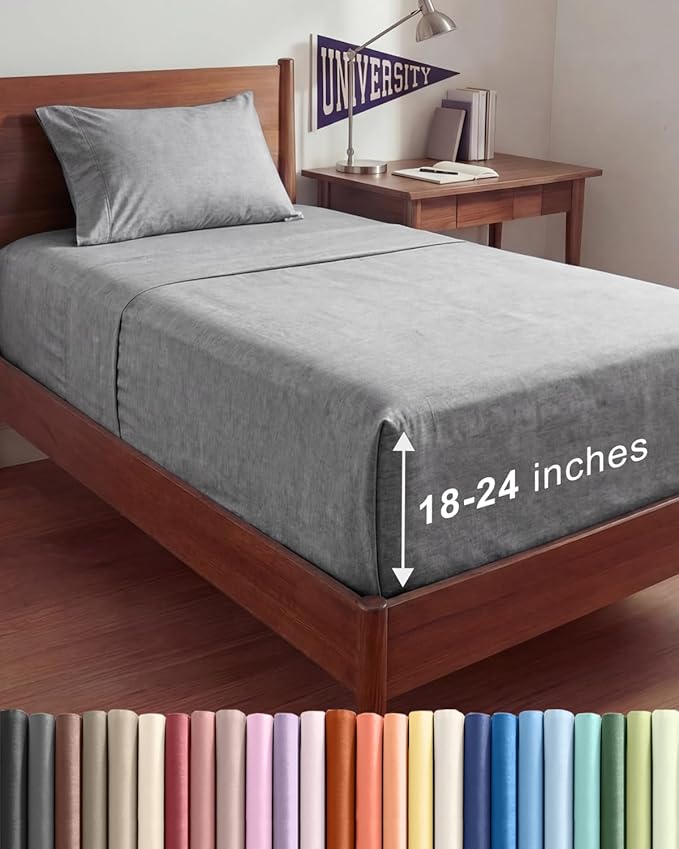 Extra Deep Twin XL Sheet Set - 3 Piece College Dorm Room - Heathered Grey | Soft, Breathable & Cooling, Easily Fits 18 to 24 inch Mattress, Wrinkle Free & Fade Resistant with Extra Deep Pockets