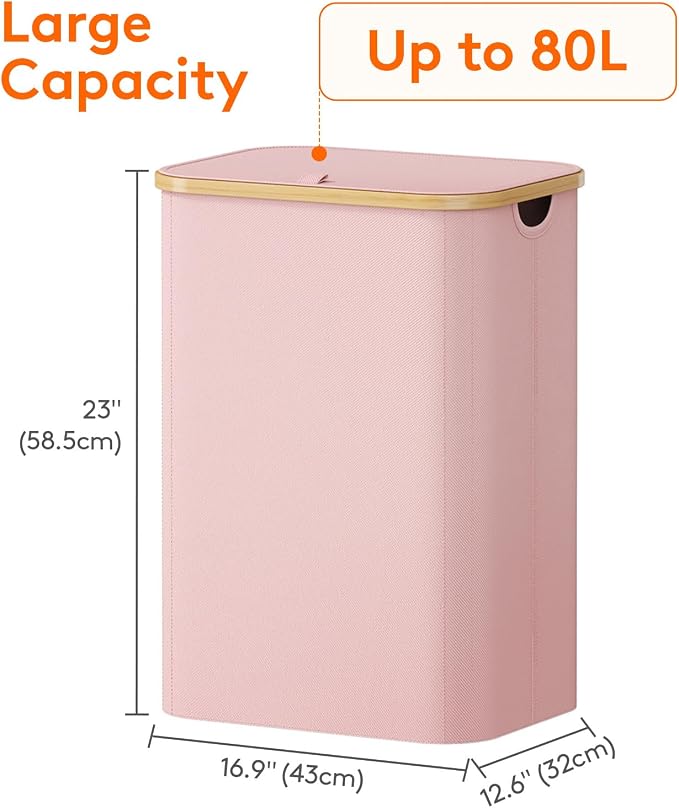 Lifewit 80L Laundry Basket with Lid, Clothes Hampers for Laundry with Bamboo Handles and 1 Removable Bag, Large Foldable Laundry Hamper for Bedroom, Bathroom, Dorm, Laundry Room, Pink