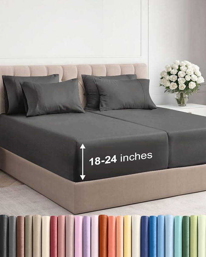 Extra Deep Split King Sheet Set - 7 Piece Breathable & Cooling - Charcoal | Hotel Luxury Bed Sheets Set, Easy & Secure Fit, Ultra-Soft, Wrinkle & Fade Free, Comfy Sheets Set with Extra Deep Pockets