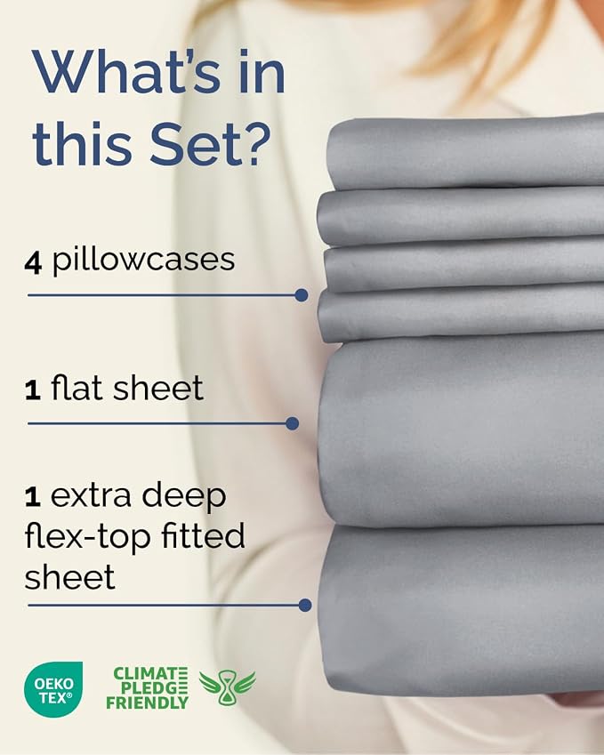 Flex Top Split Head King 6 Piece Sheet Set - Soft & Cooling - Steel Blue | Ultra Soft Hotel Luxury Bedding Set w/ 8-16 Inch Deep Pockets, 1 Flat & 1 Split-Head Fitted Sheet & 4 Pillowcases, Fade Free