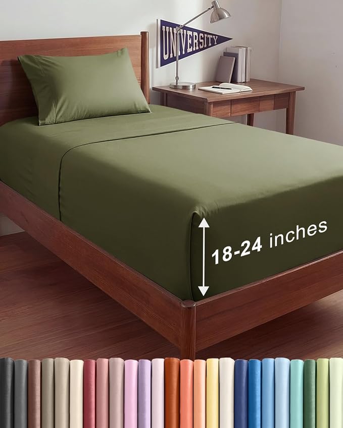 Extra Deep Twin XL Sheet Set - 3 Piece College Dorm Room - Sage Green | Soft, Breathable & Cooling, Easily Fits 18 to 24 inch Mattress, Wrinkle Free & Fade Resistant with Extra Deep Pockets