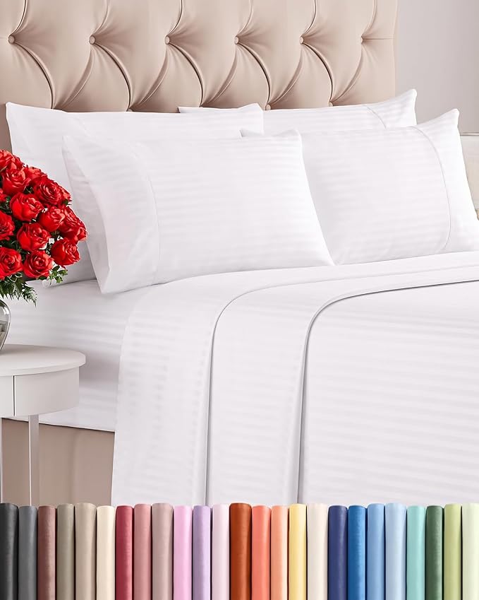Cal King 6 Piece Bed Sheet Set - Soft, Breathable & Cooling - Striped White | Ultra-Soft Hotel Luxury Bedding Set with 8-16 Inch Deep Pockets, 1 Flat & 1 Fitted Sheet & 4 Pillowcases, Wrinkle & Fade Free