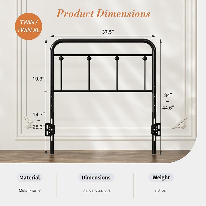 Victorian Metal Twin/Twin XL Headboard, Adjustable Height, Black | Sturdy Steel Twin Size Head Board Only, Bed Frame Brackets Adapter, Farmhouse Vintage Style, Easy Assembly