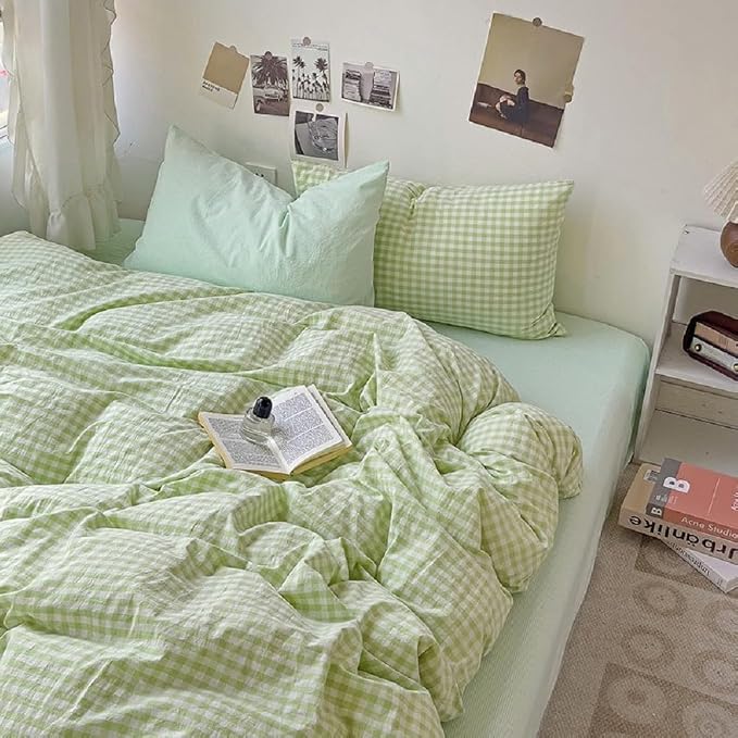 LifeTB Green Gingham Comforter Set King 3 Pieces Green Plaid Grid Bedding Comforter Geometric Checkered Pattern Comforter Set with 2 Pillowcases Fluffy Soft Farmhouse Plaid Gingham Bedding Set