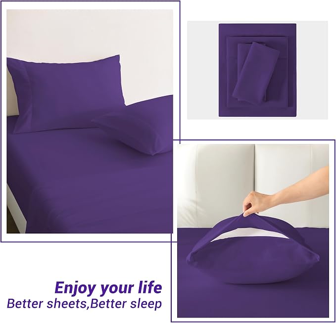 Softan Microfiber King Sheet Set with Non-Slip Corner Straps, Purple | 15" Deep Pocket Fitted Bed Sheets, Double Brushed Microfiber, Sheets & Pillowcase for All Season