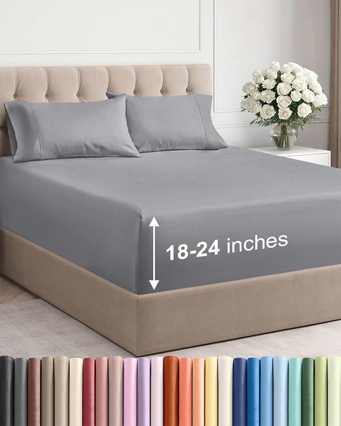 Extra Deep Queen Sheet Set - 4 Piece Breathable Cooling Sheets - Steel Blue | Easily Fits 18 to 24 inch Mattress - Ultra Soft, Wrinkle & Fade Free with Extra Deep Pockets - Comfy Hotel Luxury Bedding