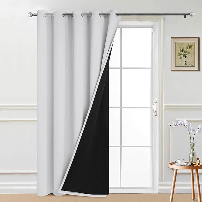 Yakamok Greyish White Blackout Patio Door Curtain Panels W70 x L84,1 Panel | Noise Reducing Barrier Panel for Sliding Glass Door, 2 Thick Layers Heat Full Light Blocking Patio Door Drapery