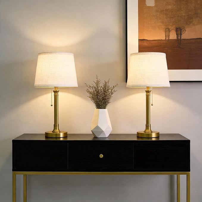 19.5" Small Table Lamp for Bedroom, Modern Brass Gold Lamp, USB A+C | Pull Chain Switch Bedside Table Lamps, White Shade, Small Nightstand Lamps for Living Room End Table & Desk Light