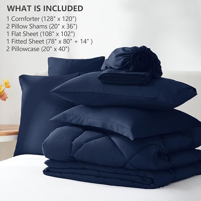 Super King Plus Comforter Set Navy - 7 Pieces Bed in a Bag | OEKO-TEX Certified, All Season, 240GSM Down-Alternative Comforter, Sheets, Pillowcases & Shams, 14" Deep Pocket, Easy Care