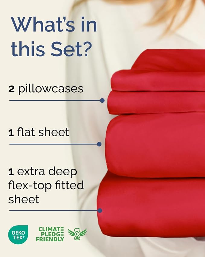 Flex Top Split Head King Sheet Set - 4 Piece Extra Deep Sheets - Red | Easily Fits 18 to 24 inch Mattress, Ultra Soft, Wrinkle & Fade Free with Extra Deep Pockets, Comfy Hotel Luxury Bedding