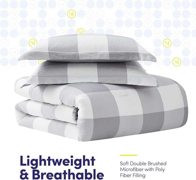 7 Piece Comforter Set Bag Solid Color All Season Soft Down Alternative Blanket & Luxurious Microfiber Bed Sheets, Queen, Checkered Box