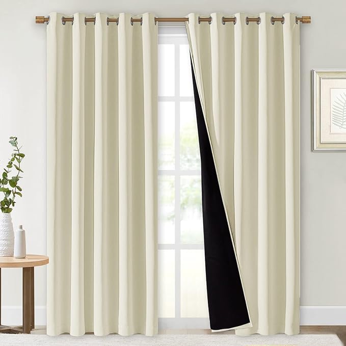 NICETOWN Beige Curtains Draperies for Living Room 70" w x 84" L 2 Panels | Completely Shaded Draperies Ring Top Drapes Black Lined Insulated Window Treatment Panels, Privacy Protection Noise Reducing