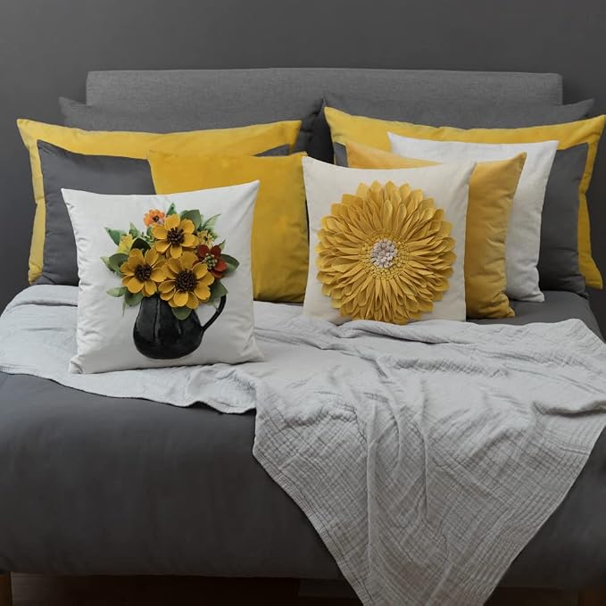 OiseauVoler Decorative 3D Sunflower Throw Pillow Covers 18x18 Inch Yellow | Handmade Pillowcases Cushion Covers for Bed Living Room Farmhouse Decor