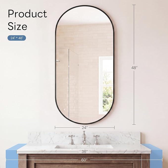 Sweetcrispy 24" x 48" Black Bathroom Mirror for Wall, Oval Walls Mirror | Modern Vanity Mirrors for Over Sink, Living Room, Bedroom, Entryway, Horizontal or Vertical