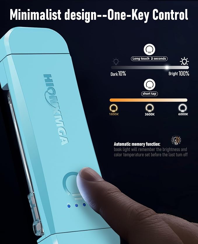 HIONXMGA Book Light,Rechargeable Reading Light for Books in Bed at Night | Up to 100H Runtime,3 Amber Colors,Stepless Dimming,Eye-Caring Mode,USB Charging,Bookmark,Women Book Lovers,Christmas,Blue