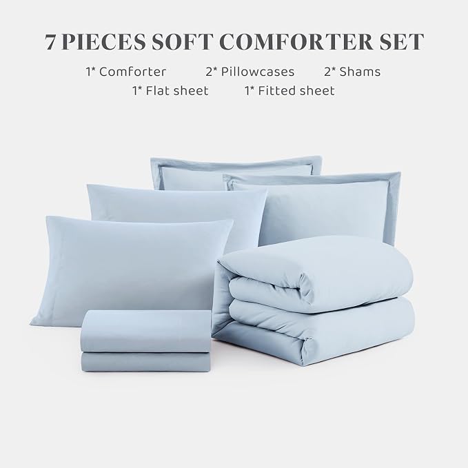 King Size Comforter Set- 7 Pieces Prewashed Bed in a Bag King Bedding Sets | Soft All Season Comforter with Sheets, Pillow Shams & Pillowcases,Ice Blue
