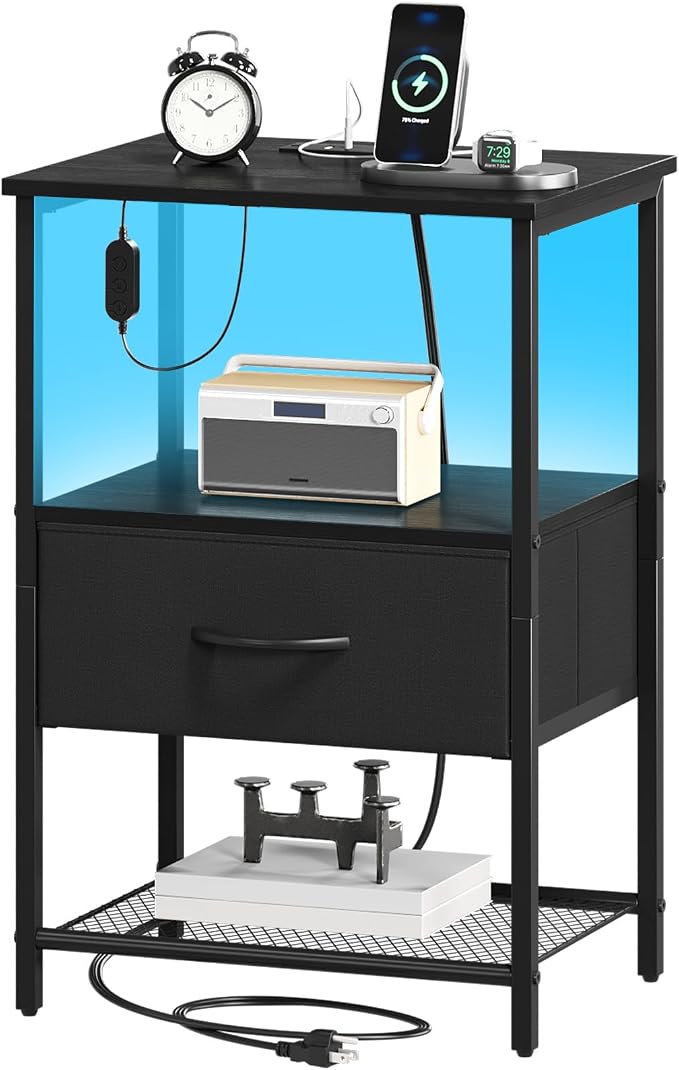 Somdot Nightstand with Charging Station & LED Light, Bedroom Bedside Table | Dorm, Guest Room, Kids Room, Laundry, Closet, Entryway and Hallway, Black