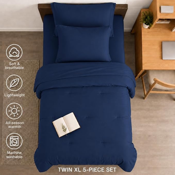 HIMEET Twin Comforter Sets, 5-Piece Point-Quilted Bed in a Bag, Navy Blue | OEKO-TEX Certified, Lightweight 240 GSM Comforter, Flat Sheet, 14-Inch Deep-Pocket Fitted Sheet, Pillowcase & Sham