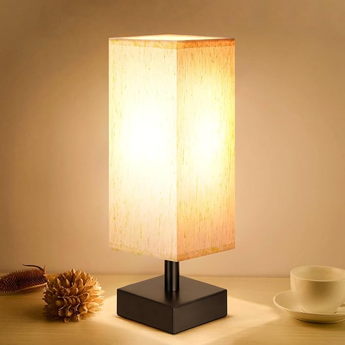 aooshine Small Bedside Table Lamp for Bedroom - Square Cream Fabric Shade | Inline Rocker Switch, Corded Electric, Bulb Not Included, 12.8" Mini Table Lamp for Nightstand, Desk, Dorm, Office