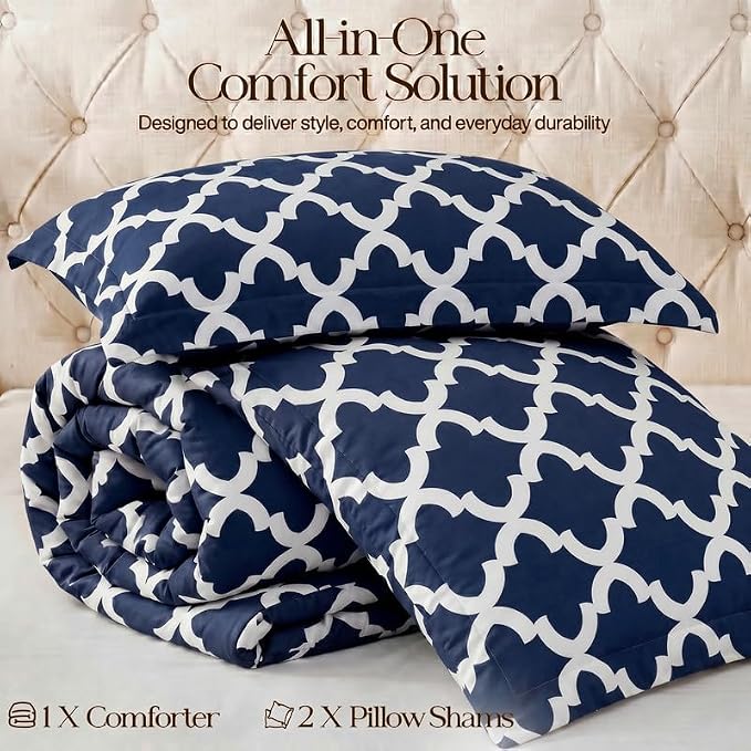 Utopia Bedding 3 Pc Queen Comforter Set, Printed Comforter, Navy | Comforter Set Includes Comforter (88x88) Inches, 2 Shams (20x26) Inches. Soft Microfiber Down Alternative, Machine Washable.