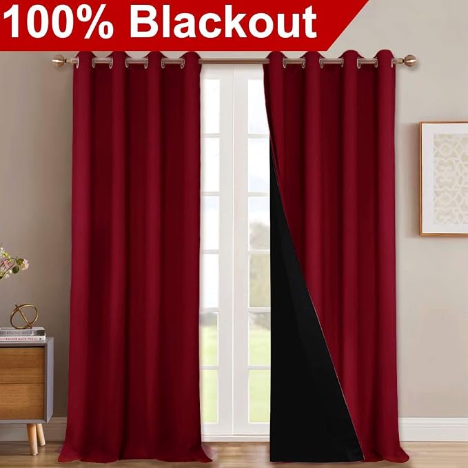 NICETOWN 100% Blackout Blinds, Set of 2, 46" x 96", Burgundy Red, Laundry Room Decor Window Treatment Curtains for Large Patio Sliding Door, Thermal Insulated Curtains for Bedroom