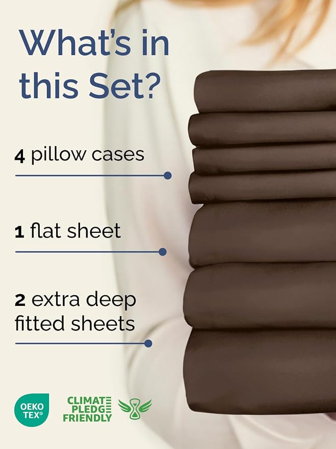 Extra Deep Split King Sheet Set - 7 Piece Breathable Cooling Sheets - Brown | Hotel Luxury Bed Sheets Set, Easy & Secure Fit, Ultra-Soft, Wrinkle & Fade Free, Comfy Sheets Set with Extra Deep Pockets