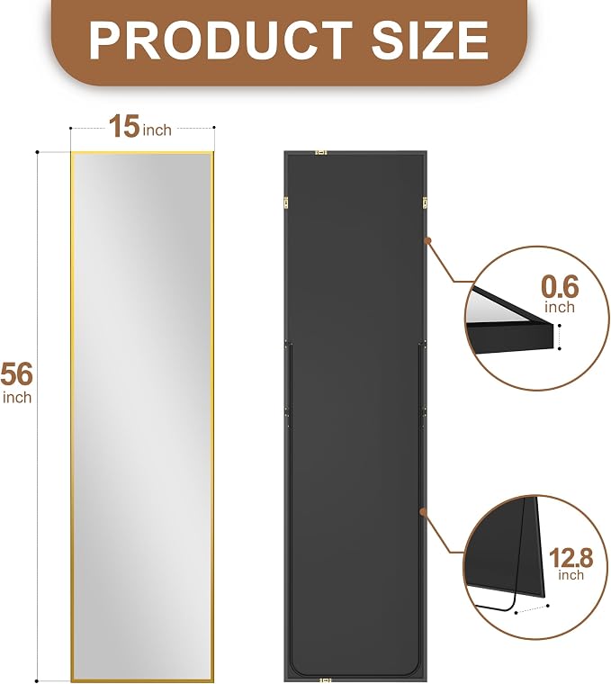 Full Length Mirror with Stand, 56x15 Gold Floor Mirror | Aluminium alloy frame with HD float glass for distortion-free reflection. Free standing or wall mounted.