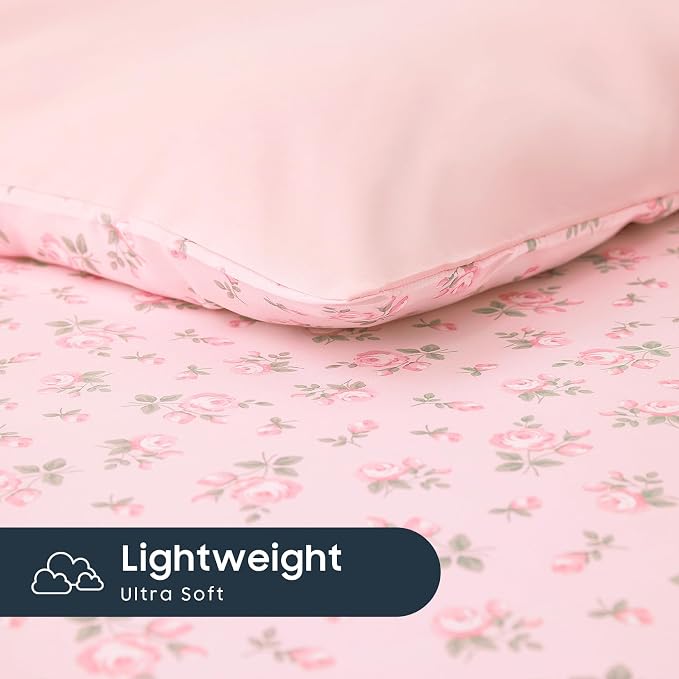Wake In Cloud - Floral Comforter Set, Coquette Cottagecore Aesthetic Flower Shabby Chic Pattern for Women Teen Girls, Soft Lightweight Bedding, 3 Pieces, Blush Pink, Queen Size